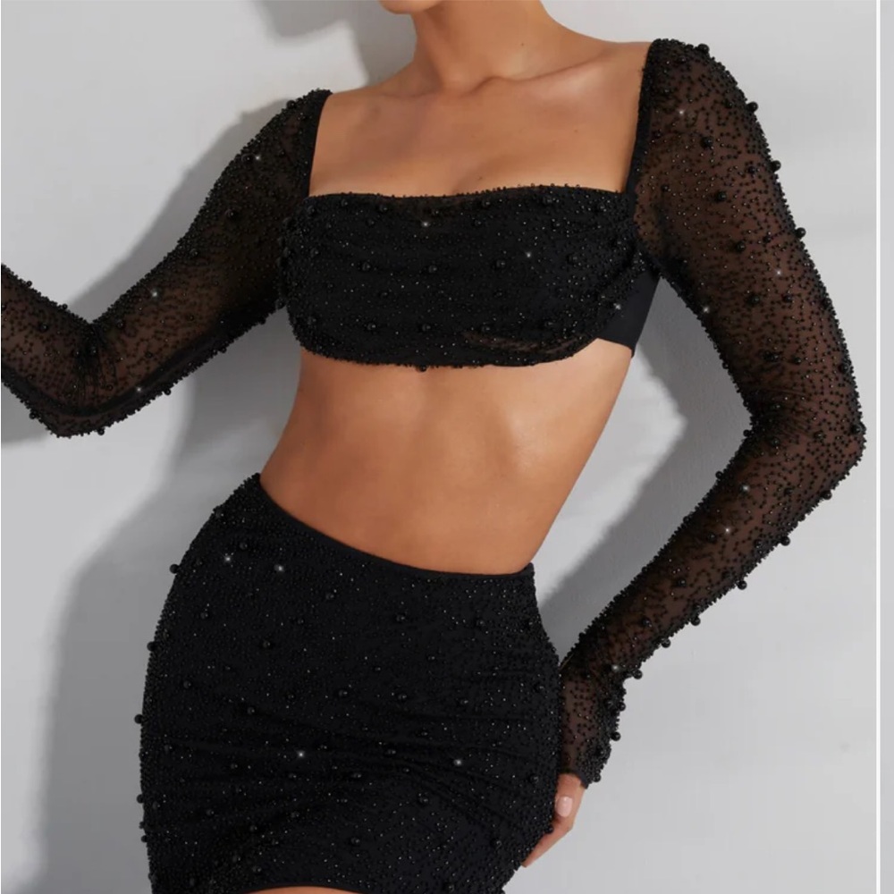 Oh Polly Embellished Cowl Neck Crop Top in Black